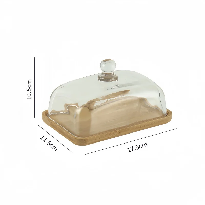 Natural Bamboo Glass Dome Cake Stand Clear Dessert Cloche Lid Space Saving Tray Suitable for Kitchen Storage and Party Display