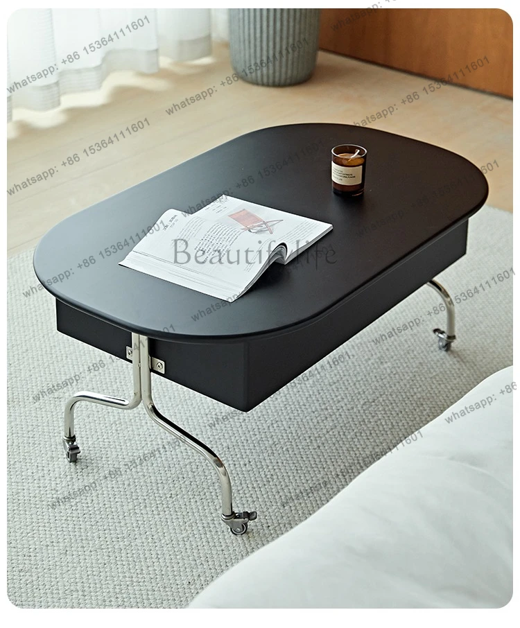 

stainless steel oval storage tea table with wheels Medieval solid wood liftable small apartment