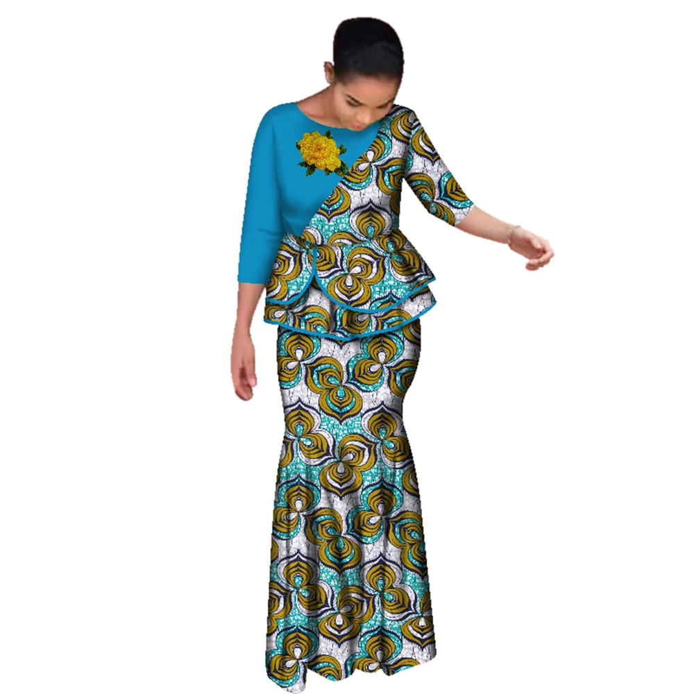African Ankara Print Two Piece Set for Women, Peplum Top & Mermaid Maxi Skirt Set, Traditional Ethnic Wedding Party Dress WY2642