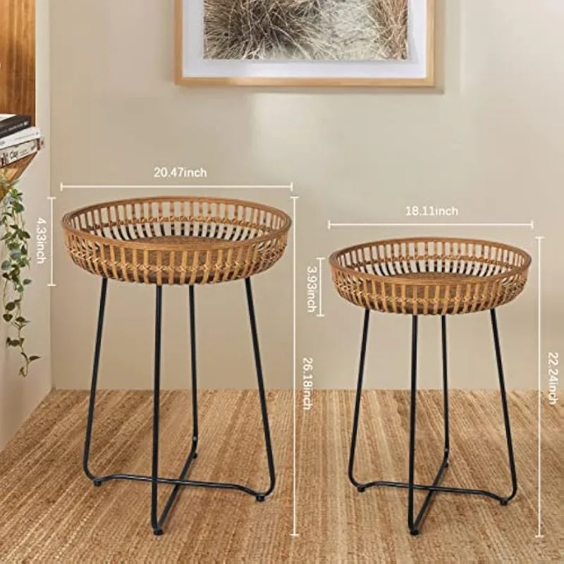 Rattan Side Table Nesting Tables Set of 2, Bamboo Round   Coffee Table Metal Base End Table for Boho Living Room, Sofa