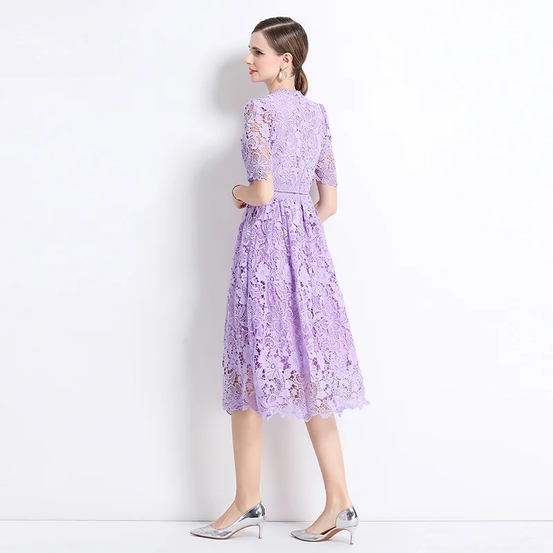 Quality Hollow Out Lace Embroidery Prom Dress Women Short Sleeve Slim High Waist French Vintage Floral Midi Party Vestidos