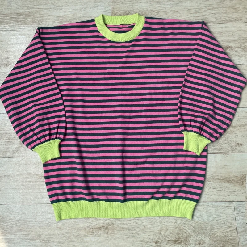 Women's Loose Casual Black Pink Knitted Striped Sweater Retro O Neck Long Sleeve Female Pullovers Autumn Lady Street Jumper