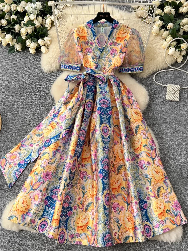 France Elegant Vintage Palace Evening Dress Women Print Sashes Mesh Long Party Dress Female Casual Holiday High End Clothing New