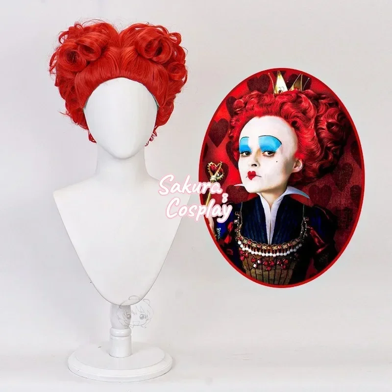 The Red Queen Cosplay Wig in Wonderland Queen of Hearts Red Short Curly Heat Resistant Hair Halloween Costume Party Wigs