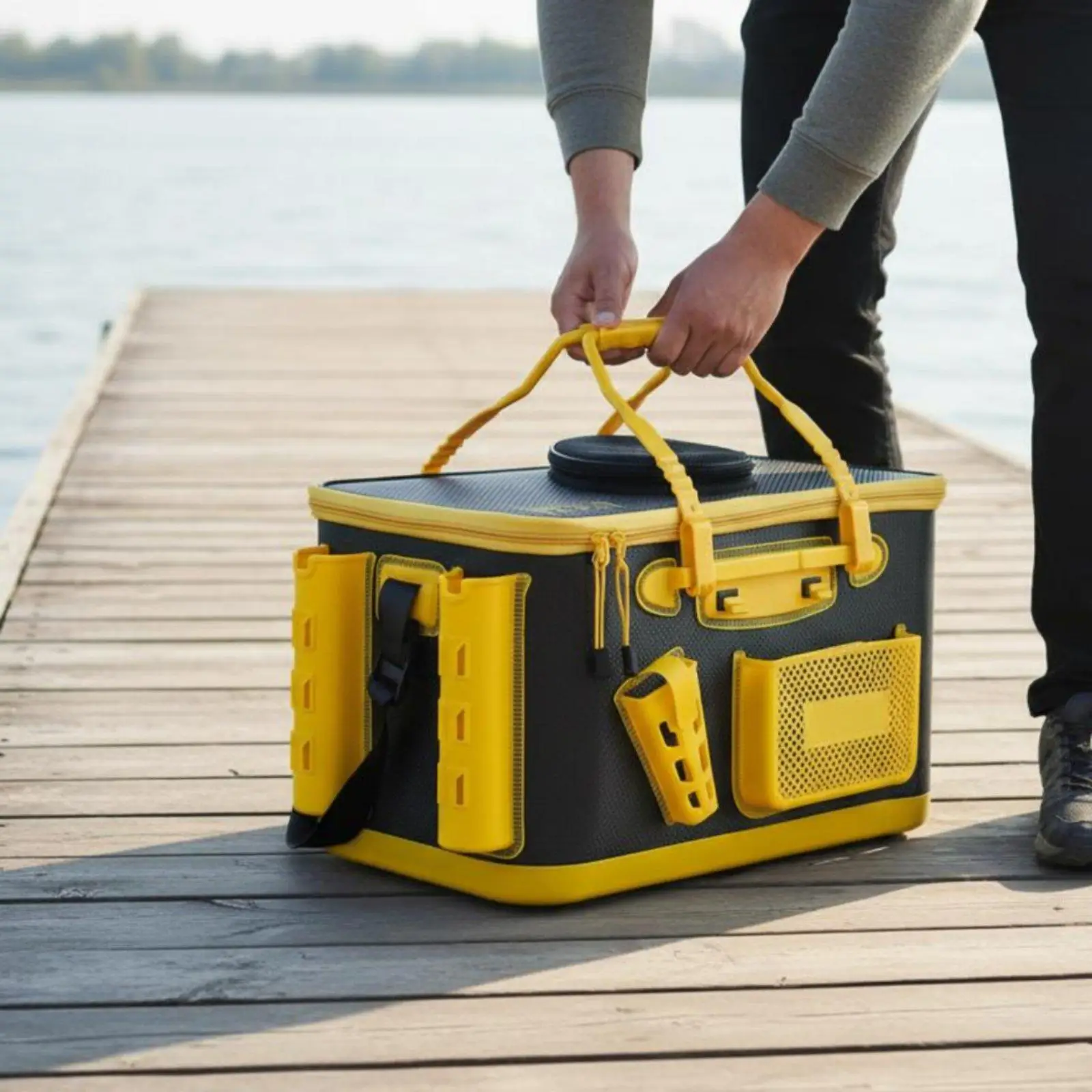 Portable Folding Fishing Bucket Waterproof Tank with Built-in Rod Holders for Fishing Accessories