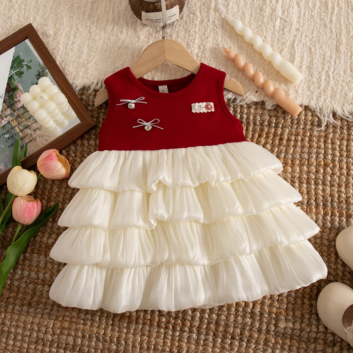 Summer Sweet Princess Fairy Dress for Baby Girl Retro Soft Plain Bows Sleeveless Red Tiered Birthday Party Outfit