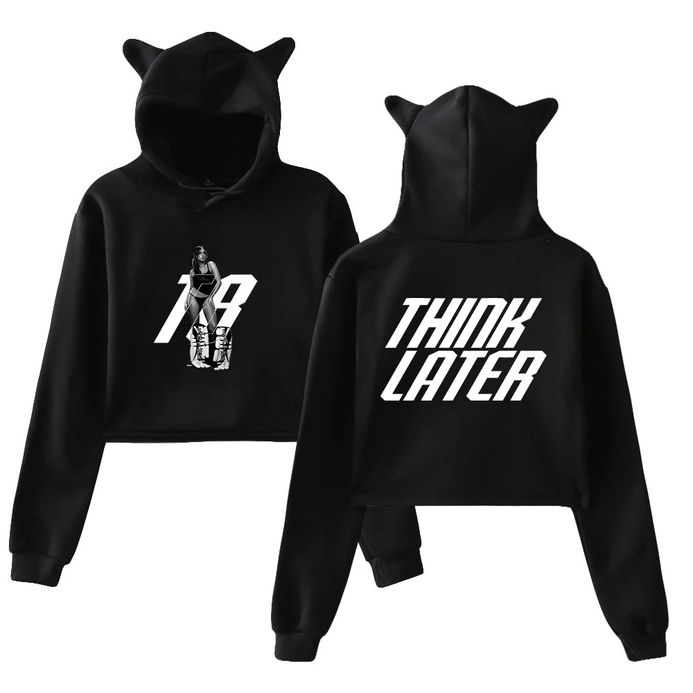 Tate McRae Think Later Pullover 2024 Tour Merch Female Cat Ears Hoodie Long Sleeve Crop Top Streetwear Women's Clothes