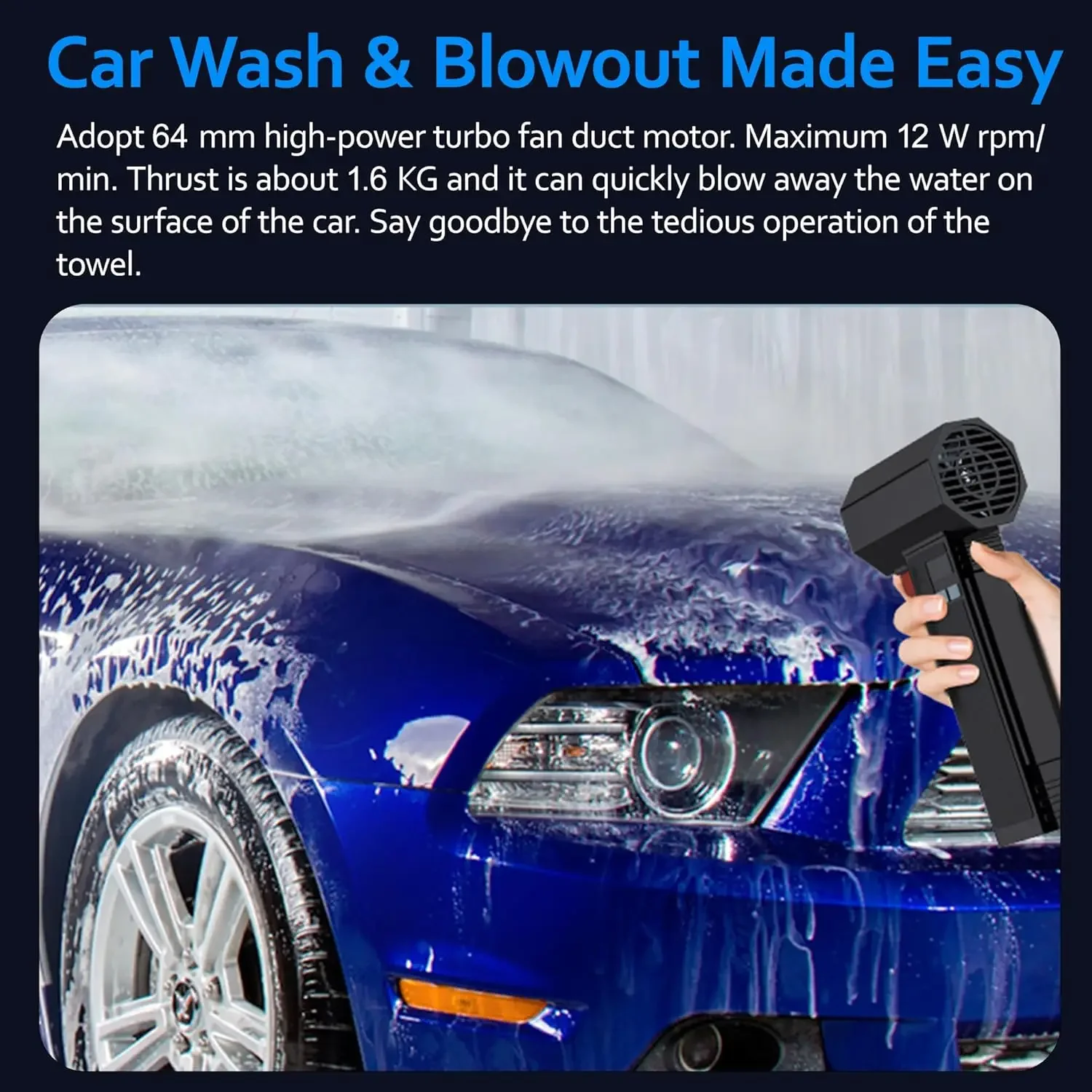 Soplador de aire violento para coche, potente ventilador Turbo de mano con iluminación LED, Motor sin escobillas de 64MM, alta velocidad, 4000mA, 1600G de empuje