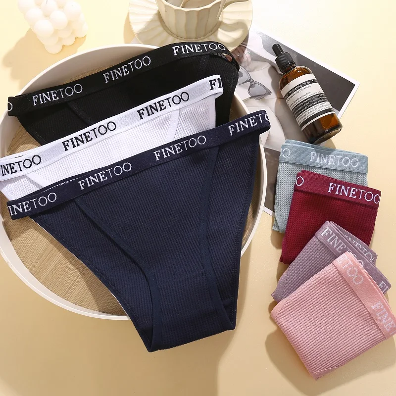 Finetoo 4PCS Cotton Panties for Women Sexy Letter Low Waist Briefs Waffle Elastic Female Underwear Soft Breathable Lingerie S-XL