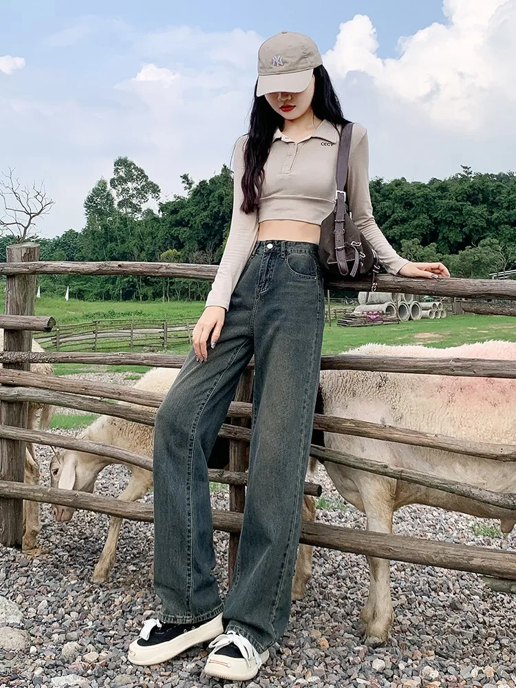 2023 Autumn and Winter Brick Red High Waist Straight Leg Wide Leg Jeans Women\'s Loose Pants Show Thin and Tall Appearance