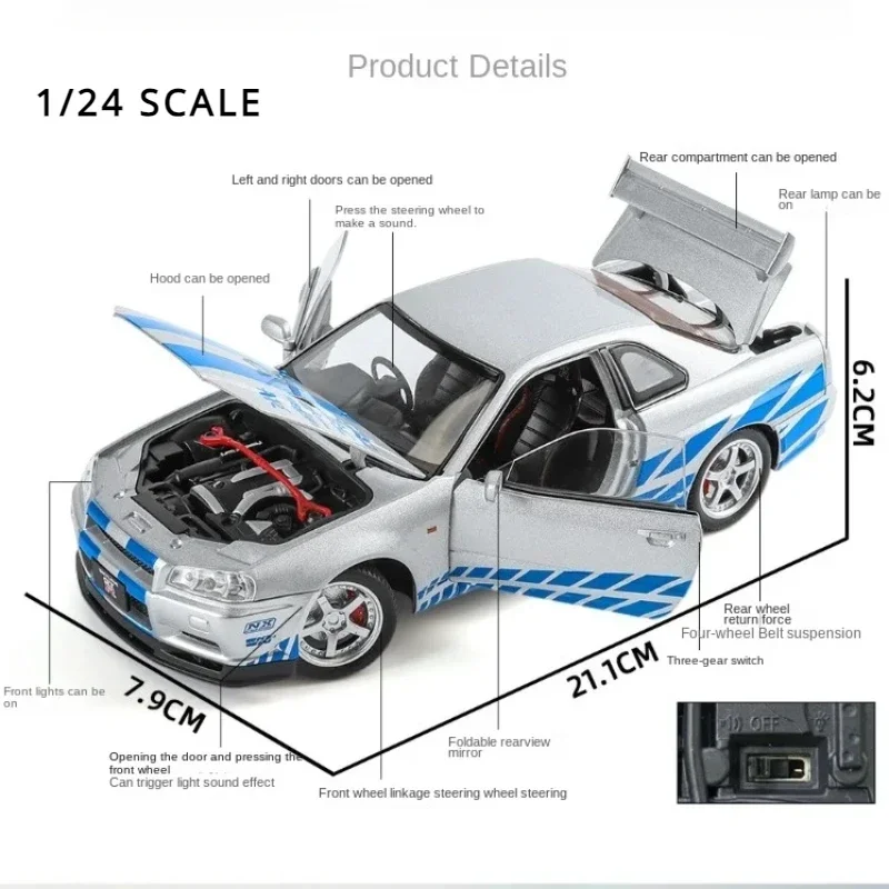 Velocidade selvagem 1/24 nissan skyline GT-R r34 liga modelo de carro 1/32 jdm coletivo miniatura voiture diecast brinquedo veículo menino decoração