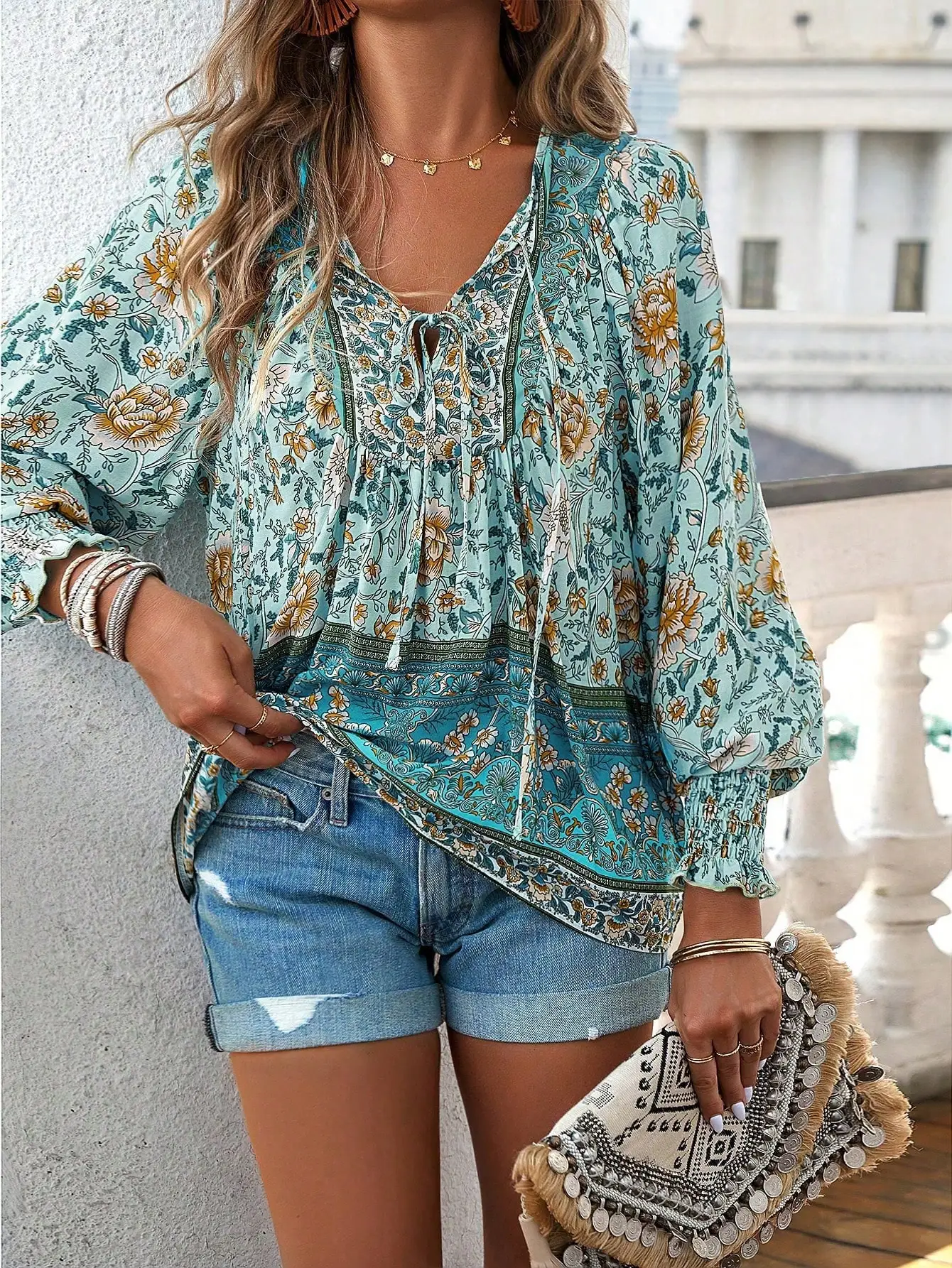 

EMERY ROSE Floral Print Tie Neck Lantern Sleeve Blouse,Long Sleeve Tops Fall Cloth For Women