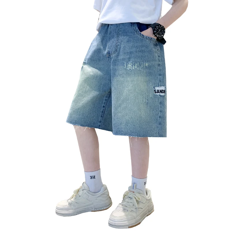 Summer Teenager Boy Baggy Ripped Denim Shorts Kids Destroyed Jeans Shorts With Hole High Quality Child Luxury Clothing Bottoms