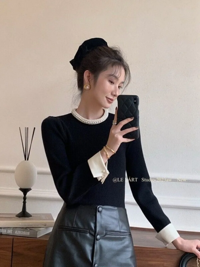 2024 Elegant Gentle Half-high Collar Beading Pullovers Autumn New Slim Fit Tops Women Long Sleeve Black Sweater Mujer