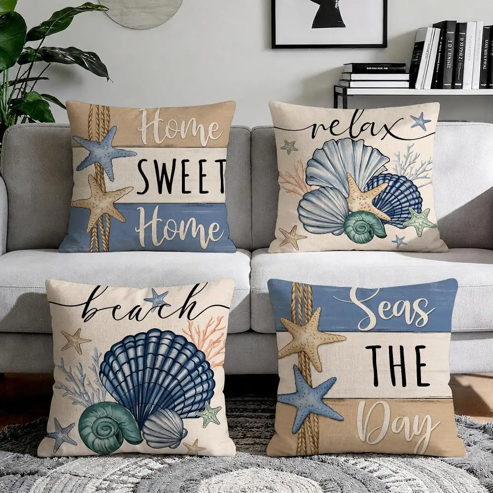 Summer Beach Artwork Cushion Cover Natural Breathable Durable Linen Printed Decor Pillow Case Sofa Bedroom