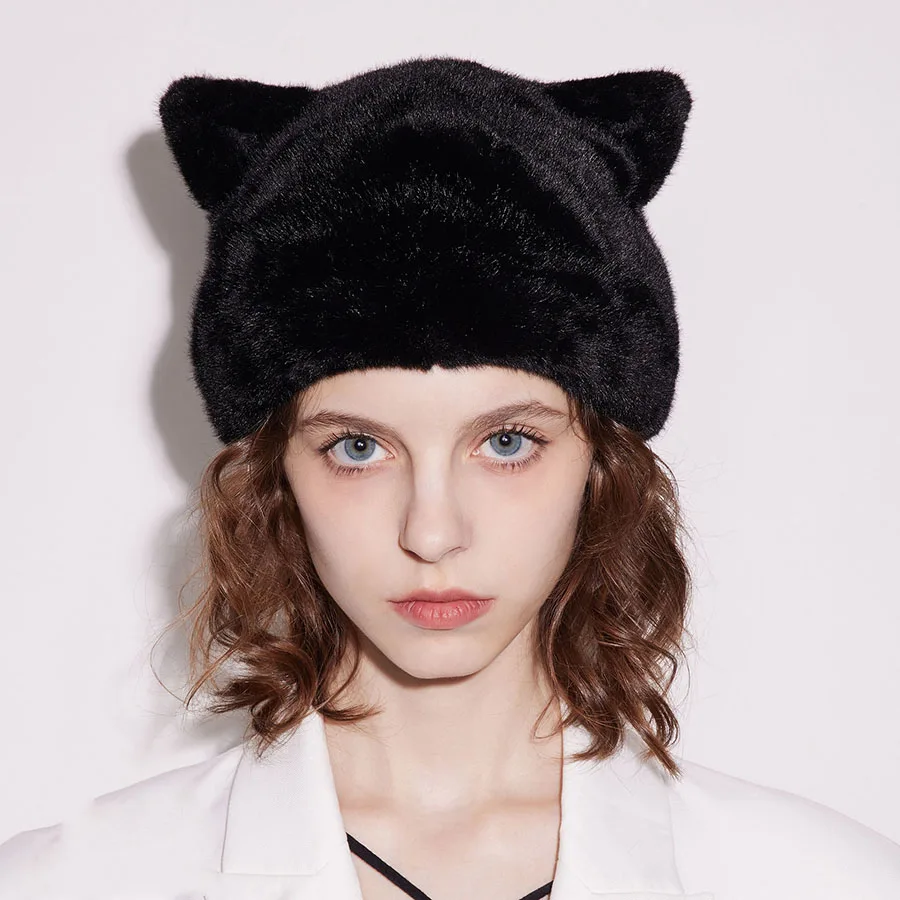 인기 스타 스타일 귀여운 고양이 귀 모양 인조 여우털 모자 여성 겨울 두꺼운 플리스 풀오버 캡 패션 비니 모자