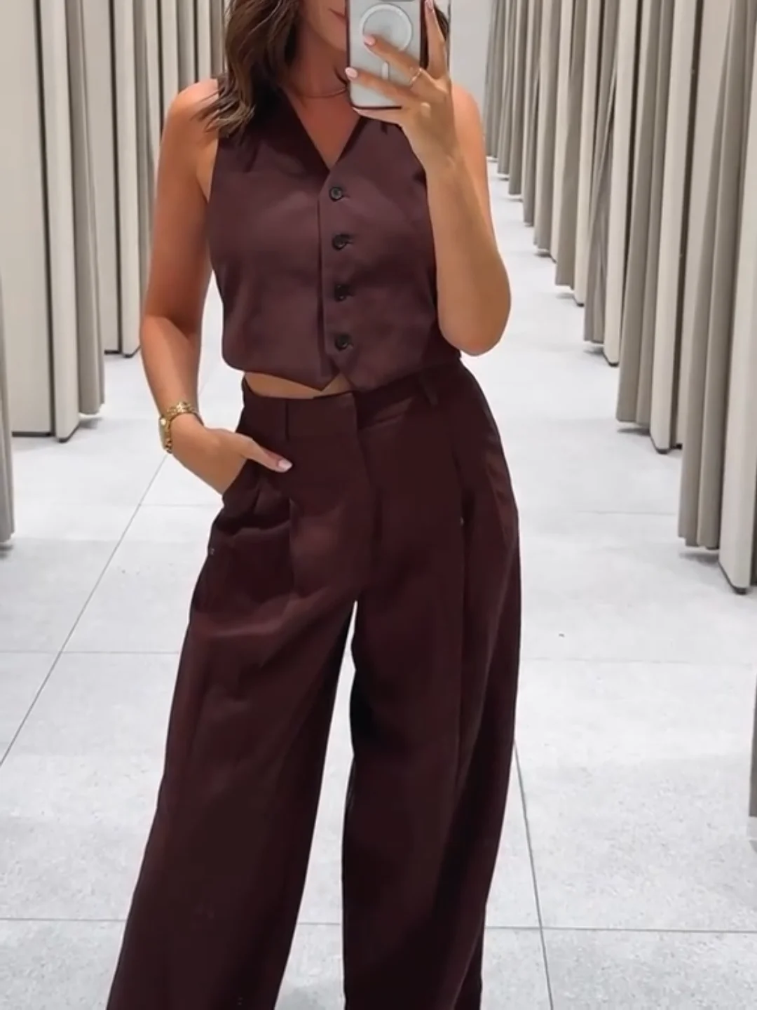 

Women Fashion Two Piece Set Solid V-Neck Single Breasted Tank Tops & Vintage Pleated Pants Female Chic Lady Pants Suit
