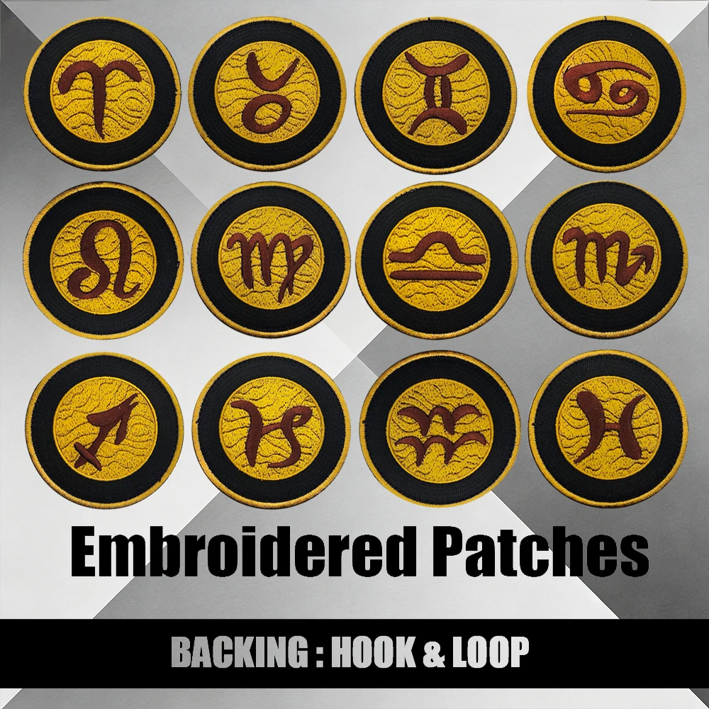 

Twelve Constellations Embroidered Patches Vintage Zodiac Symbols Tactical Badges Circular Black Gold Border for Clothing