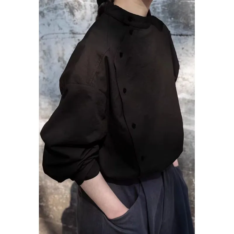 Elegant Grey-Brown Stand Collar Long Sleeve Shirt New Chinese Style Fashionable Design Cotton Top for Young Women