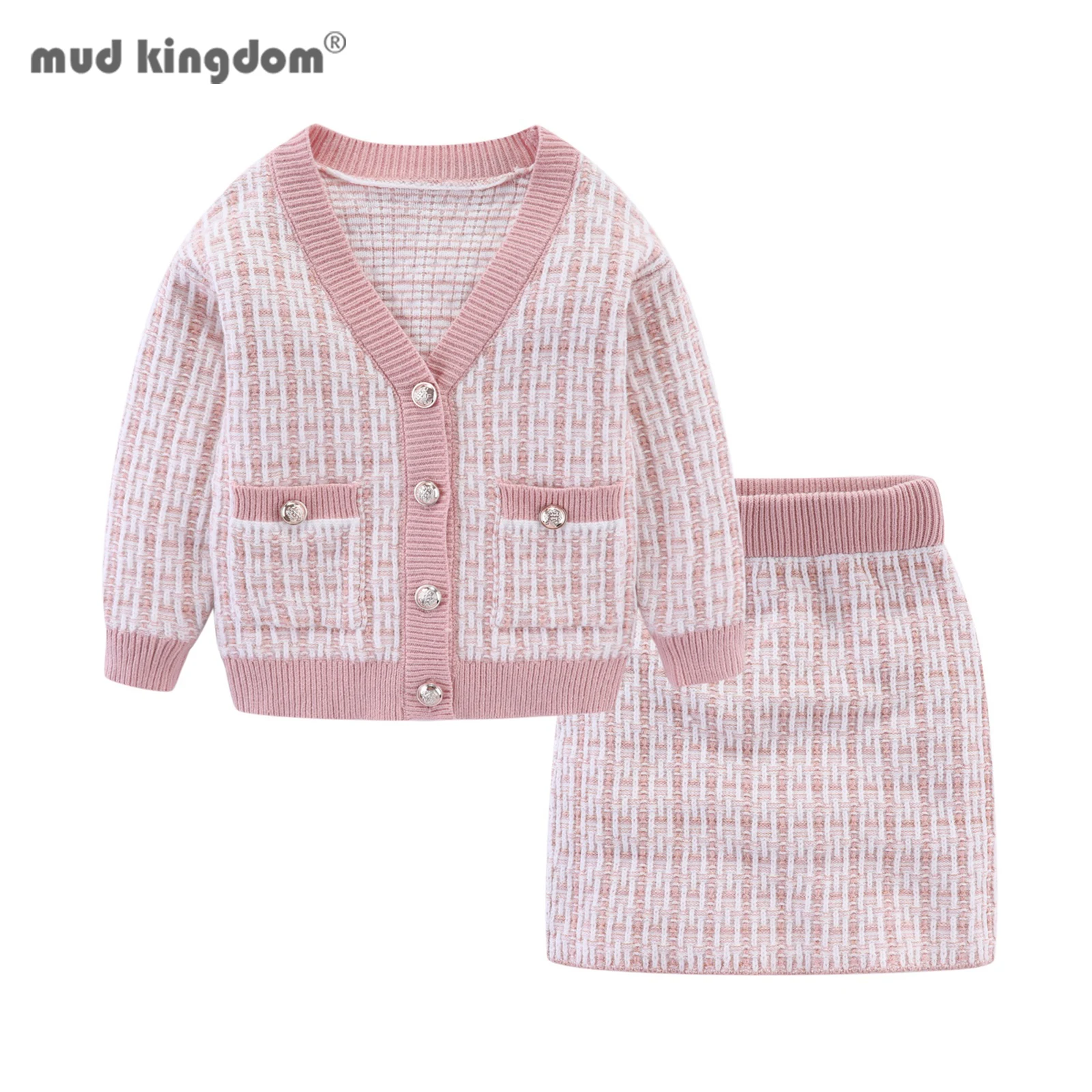 Mudkingdom Girls Skirt Set Elegant Cable Knit Sweater Outfit for Girl Cardigan Suit Fashion Spring Fall Clothes Toddler Clothing