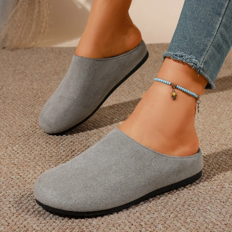 Women Gray Faux Suede Backless Mule Clogs Round Toe 3.5CM Platform Slip on Comfort Walking Casual Slide Shoes