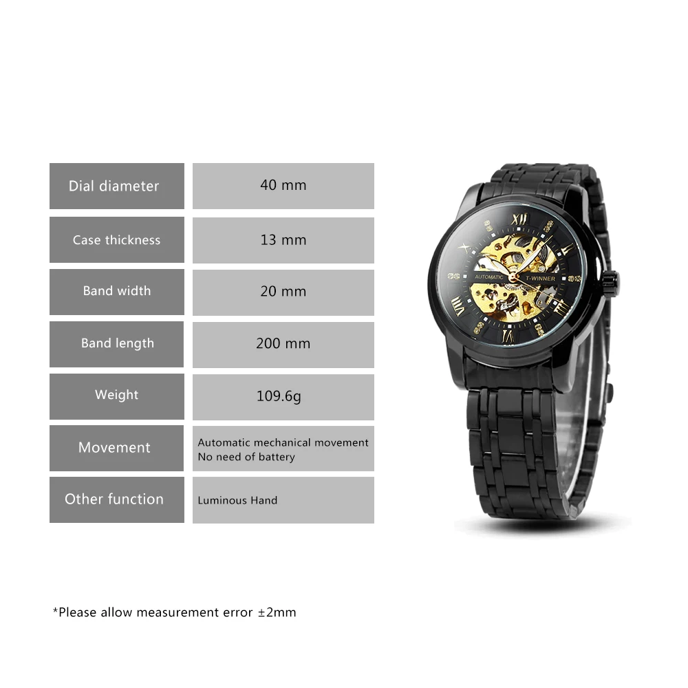 WINNER Gold Black Mechanical Watches Classic Retro Iced Out Skeleton Automatic Watch for Men Stainless Steel Band Luminous Hands