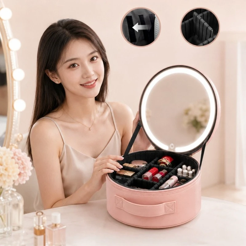 Round Simple Makeup Organizer with Mirror, Large Waterproof Portable Travel Bag for Cosmetics, Scratch-Resistant Durable Sturdy