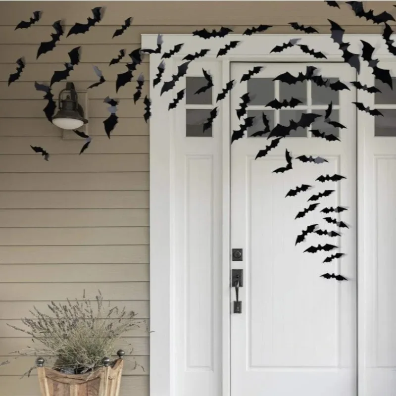12-72PCS 3D Black Halloween Bat Wall Stickers Removable Decorative Decals for Home Window Room Party Holiday Scene Layout