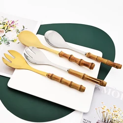 Drmfiy 2Pcs Fork Spoon Dinnerware Set Natural Bamboo Handle Cutlery Stainless Steel Serving Spoons Gold Kitchen Tableware Set