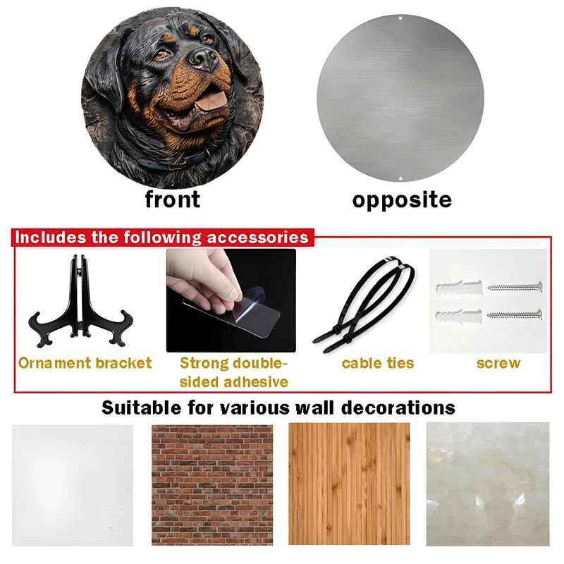 Large Round Aluminum Metal Sign, Decorative Rottweiler Dog Sculpture, Resin Coated, Weather Resistant, Door Hanger, 8x8in, 1PC