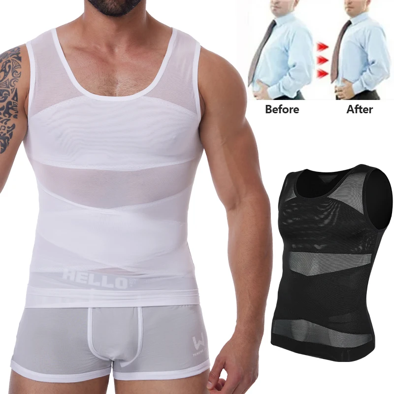 Camisa de compressão para homens emagrecimento undershirt corpo shaper tanque superior gynomastica sem mangas shapewear colete malha cruz terno 3xl