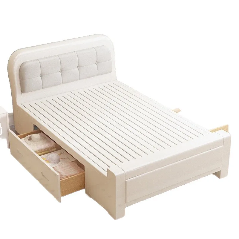 سرير بسيط من الخشب الصلب 1 م 1.2 متر، سرير صغير فردي أبيض كريمي للرياح شقة صغيرة بسيطة للأطفال سرير ناعم مستلق ثاني #5