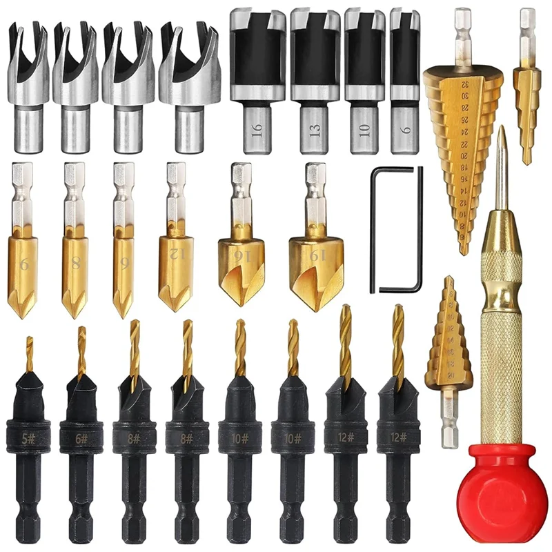 

A43F-28Piece Woodworking Chamfer Drilling Tools Including Countersink Bit Wood Plug Cutter Drill Bit Set Steel