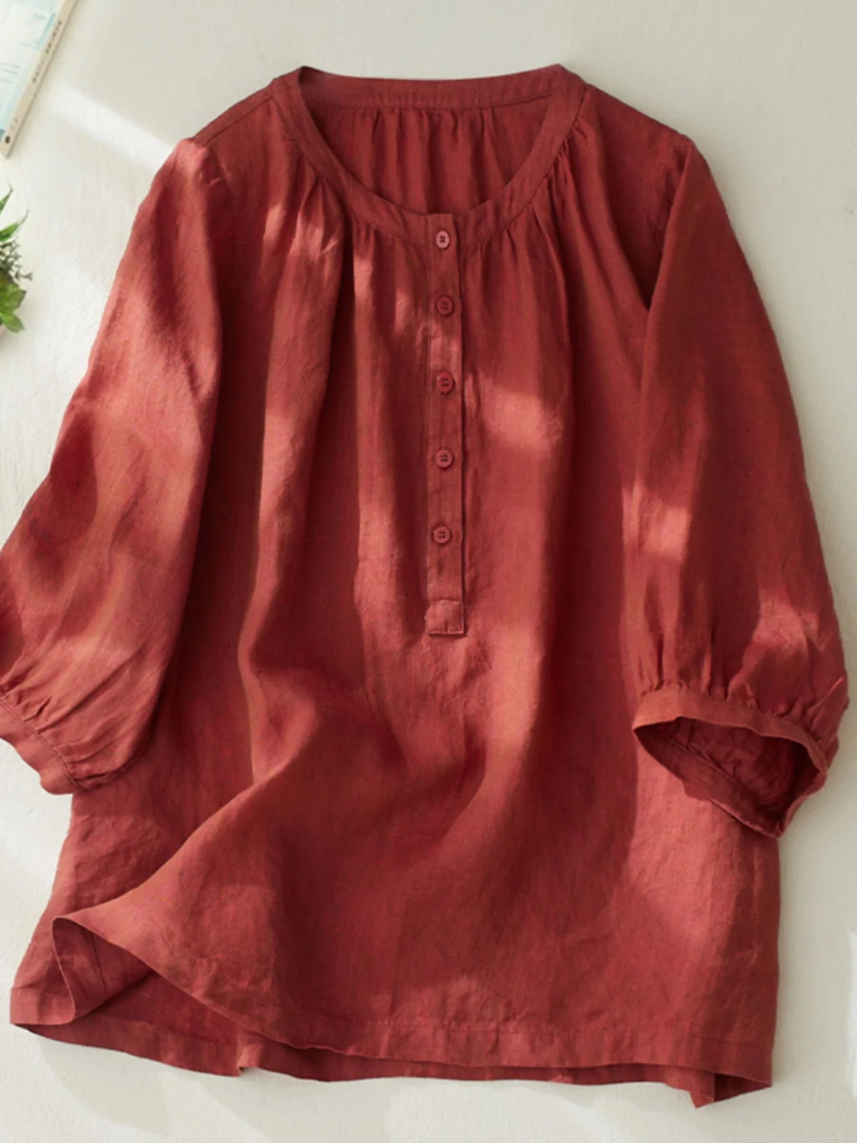 Algodón Lino Casual Suelto Fino ort Sve irt Mujer Versátil redondo Ne Botón hasta Vintage Sle Longitud de cinco cuartos