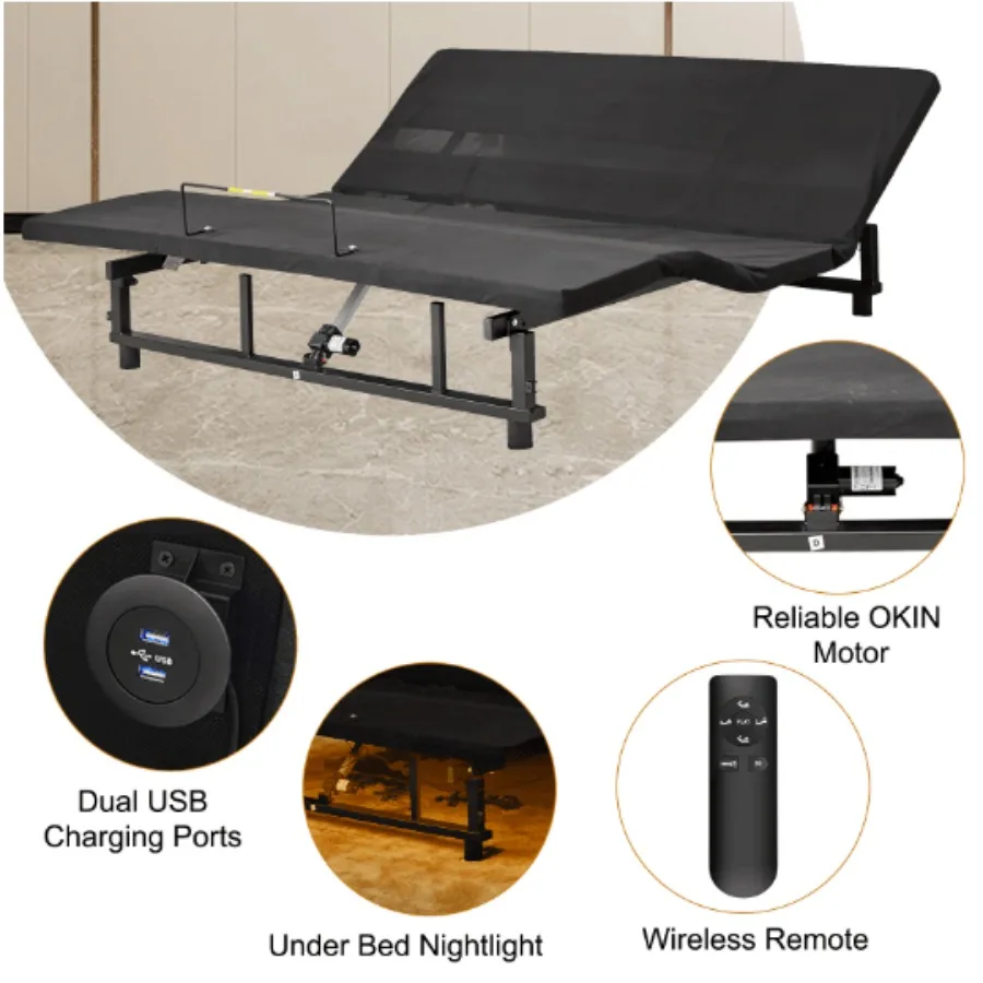 

Adjustable Bed Base Frame And Foot Incline Quiet Motor King Size Zero Gravity 4 Ports USB UnderBed Nightlight