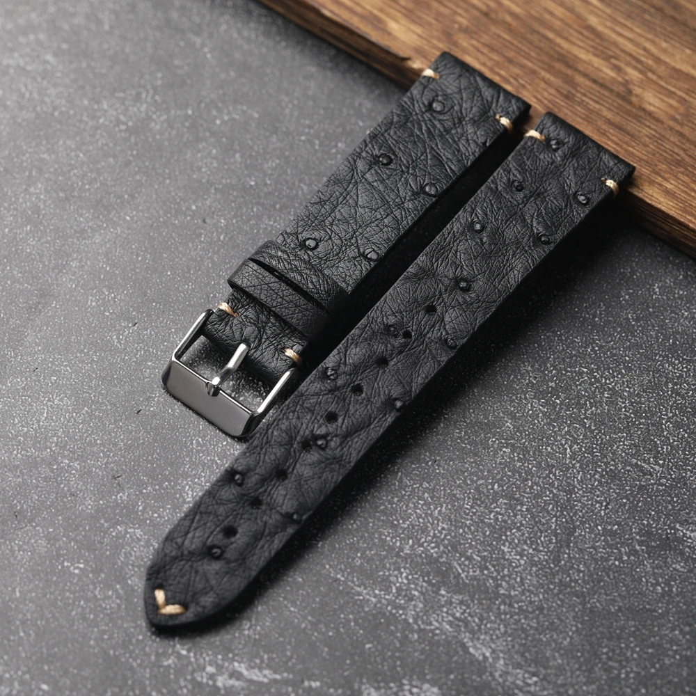 Handmade Ultra-Thin Ostrich Leather Watchband 18 19 20 21 22MM Black Men's Soft Strap  Vintage Style Leather Bracelet