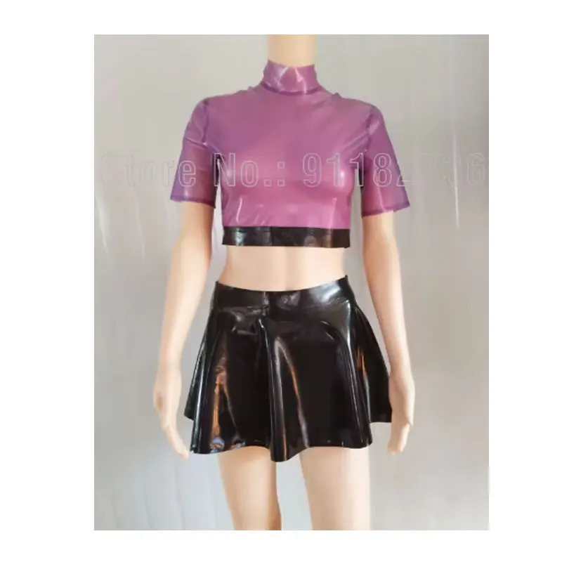 Handmade 100% Latex Catsuit Short Slevees Purple Top and Black Skirts Suit Cute and Sexy Party Wear