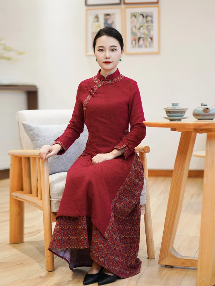 

Новая зимняя молодежная китайская длинная юбка цвета красного вина, улучшенная модель, для вечерних мероприятий, в традиционном китайском стиле