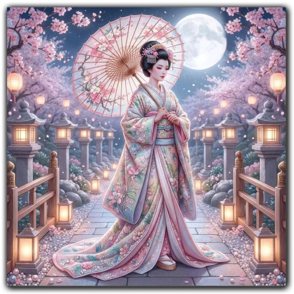 5D Diamond Mosaic Sale Japanese Women Diy Diamond Painting Full Drill Square Portrait Rhinestones Sakura Moon Landscape Pictures