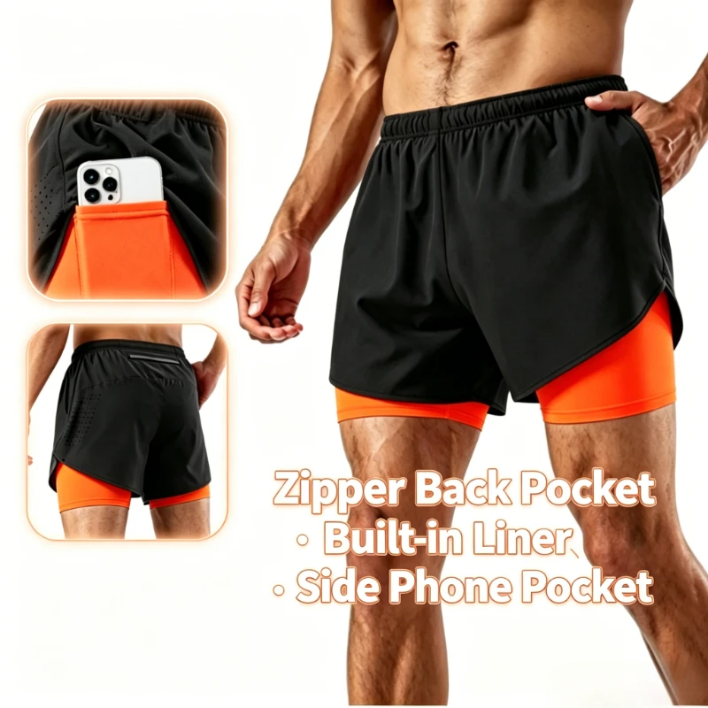 

Men's 2-in-1 Athletic Shorts Quick Dry Anti-Chafing Running Shorts with Zipper & Phone Pocket for Gym Workout Marathon 3 Inch