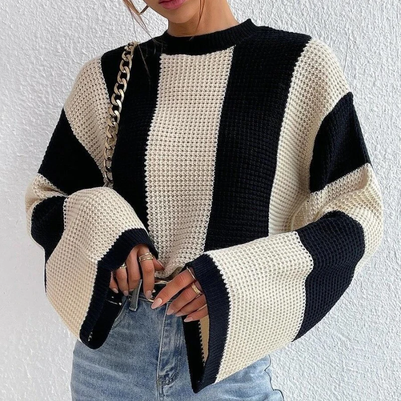 

2025 Autumn New Pullovers Flare Sleeve Striped Contrast Color All Match Sweaters Loose Knit Tops Fashion Vintage Women Clothing