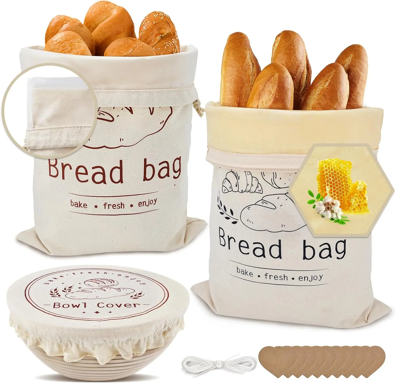 

Large Beeswax Bread Bags for Homemade Bread Sourdough, 1 Cotton Sourdough Bags with TPU Lining & 1 Bowl Covers –Multi Closur