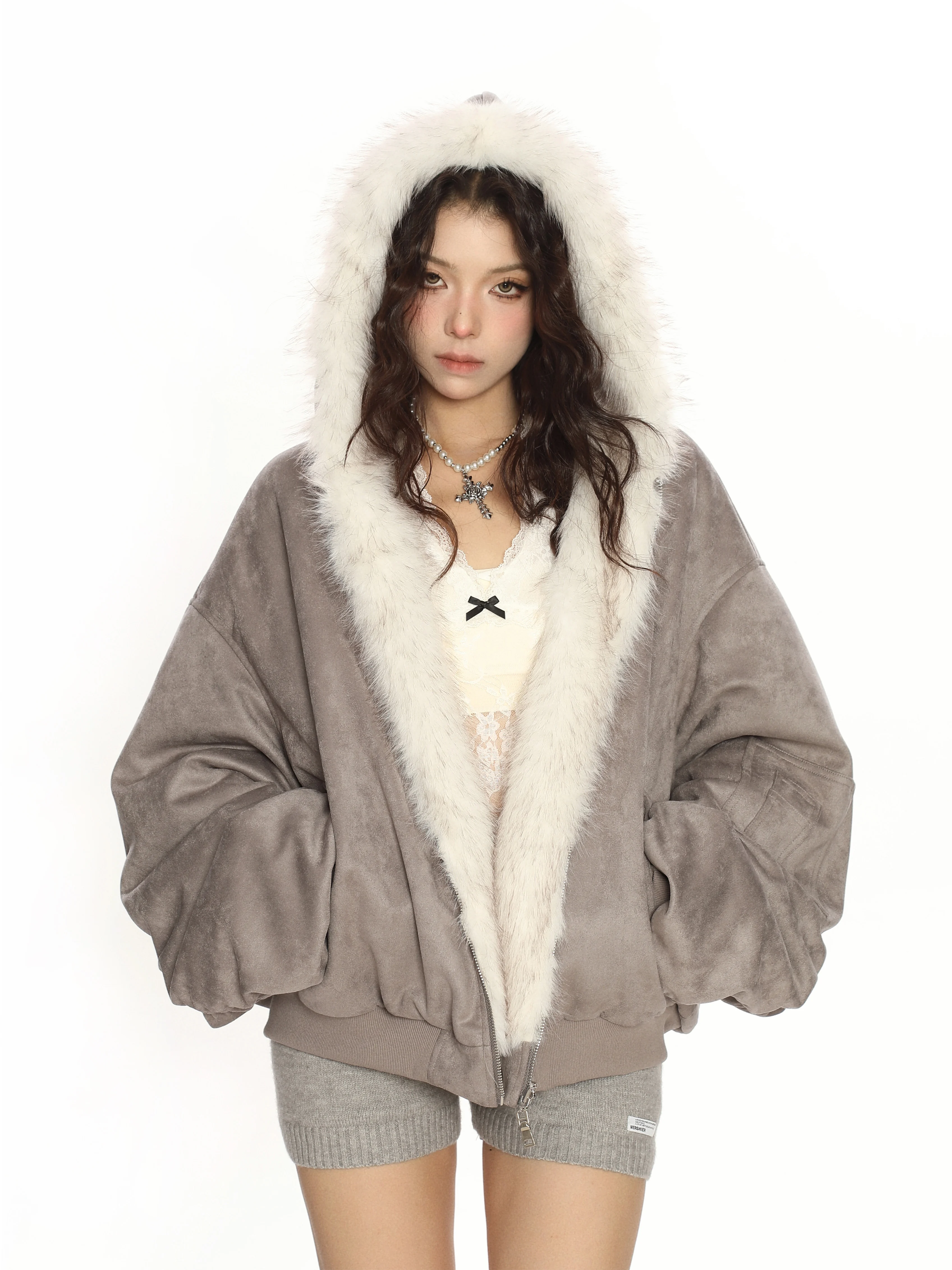 Suede velvet double-sided eco-friendly fur cotton jacket for women, thick and warm winter flight jacket, trendy