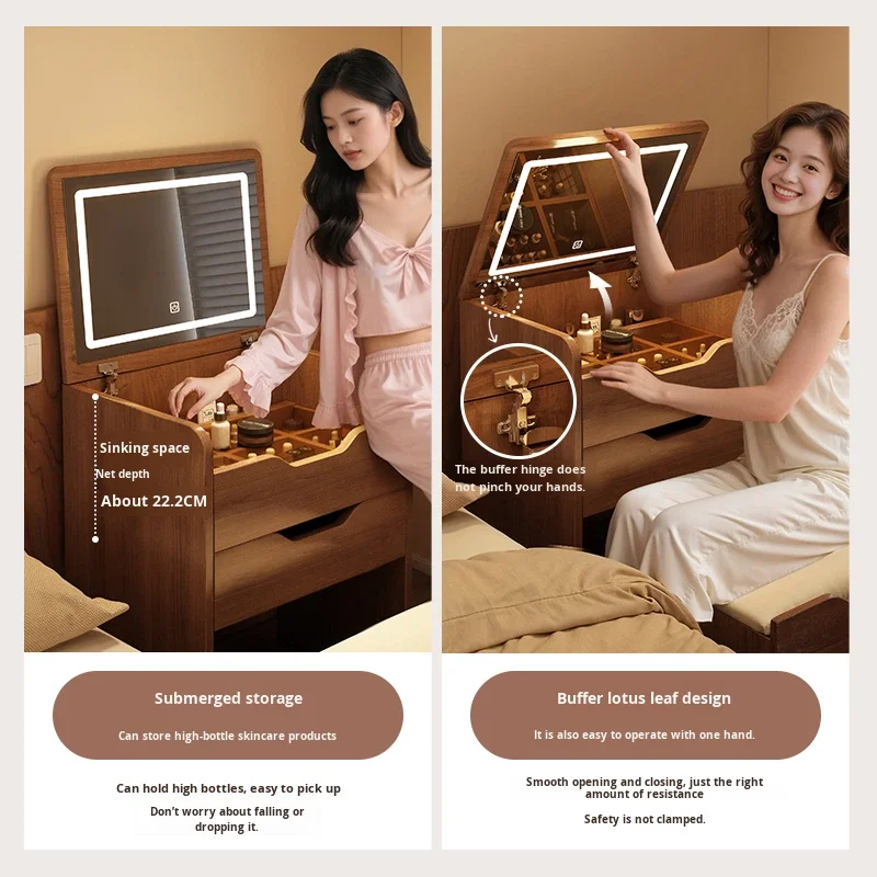 Small Solid Wood Bedside Dressing Table Bedroom Modern Simple Storage Cabinet Makeup Table with Integrated Makeup Mirror