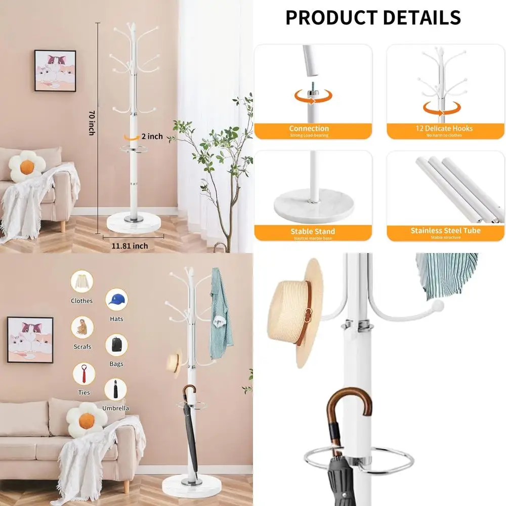 

Современная напольная вешалка с мраморным основанием, 12 крючками и держателем для зонтов, белая, для головных уборов, сумок, прихожей, офиса