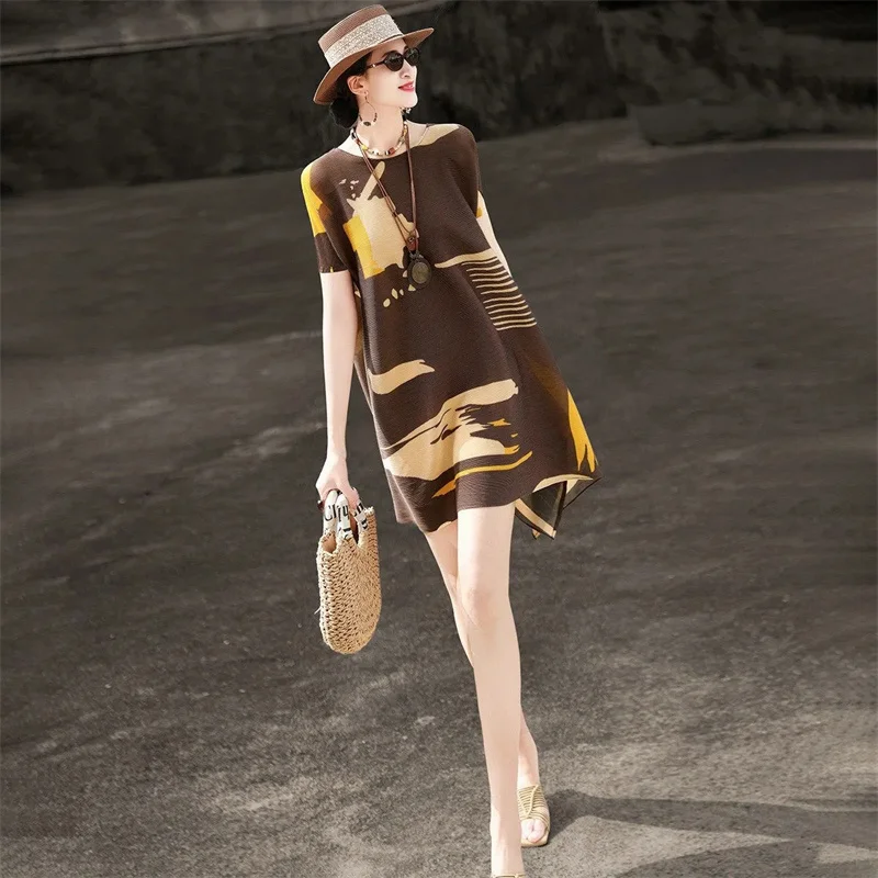 Fashion Pleated Loose Plus-size Dress Age-reducing Spring and Summer Women's Dress in the Long Section of Loose Print Dress New