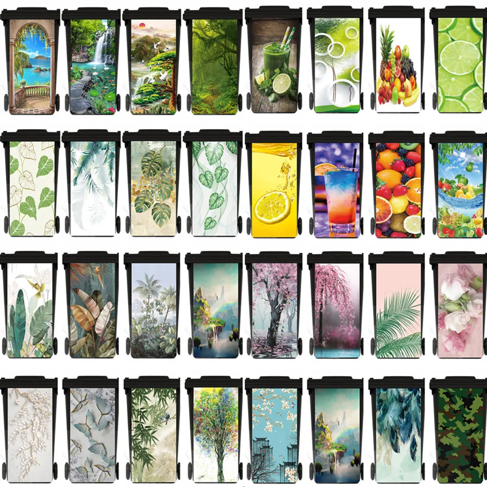 Pegatina de basura al aire libre con planta verde para cocina, pegatinas extraíbles impermeables de paisaje artístico, fruta, Cubo de ruedas, bote de restaurante, 240 litros