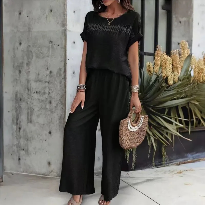Round Neck Short-sleeved Patchwork Short-sleeved T-shirt Wide-leg Trousers Two-piece Set Women's Office Commuting All-match Suit