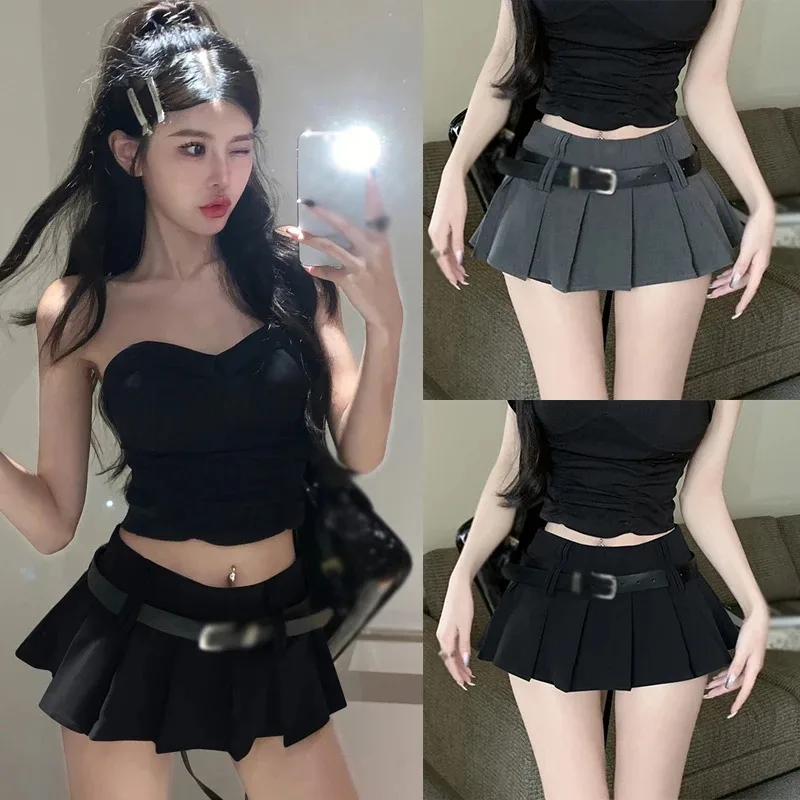 Women's High Waist Short Skirt Sexy and Fashionable Spicy Girl A-line Pleated Skirt with Belt Half Length Skirt 2025 New