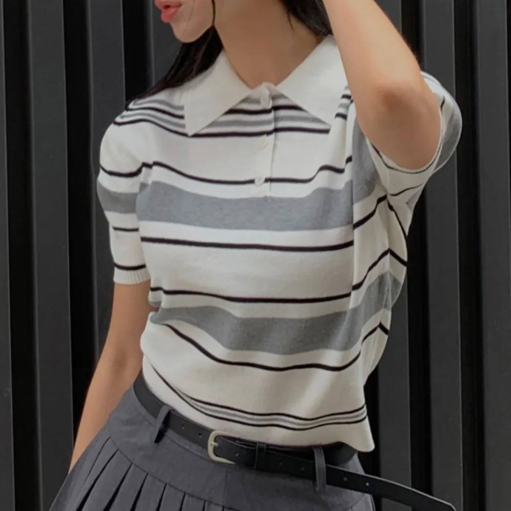 

Korean Dongdaemun Summer Neck Short Sleeve Knitted Ice Silk Women's Top Short Striped Polyester Fiber Fashionable